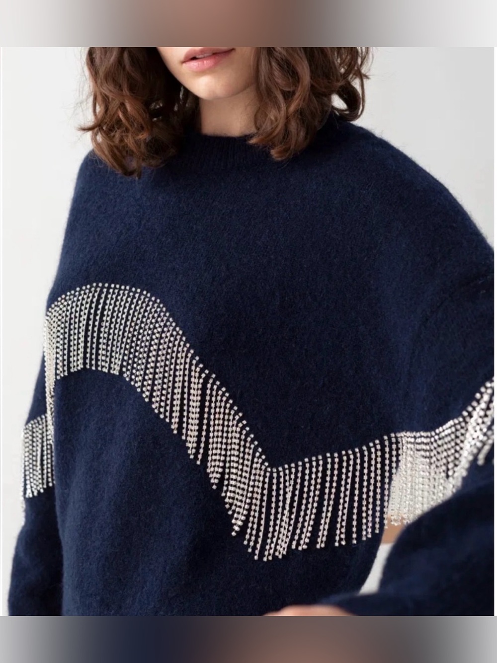 & Other Stories Diamanté Womens Navy Crystal‎ Fringe Embellished Sweater size s